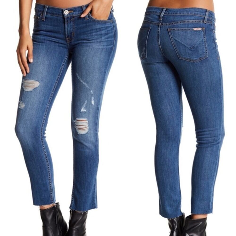 Hudson Muse Cropped Skinny Raw Hem Distressed Mid Rise Blue Jeans Womens Size 29